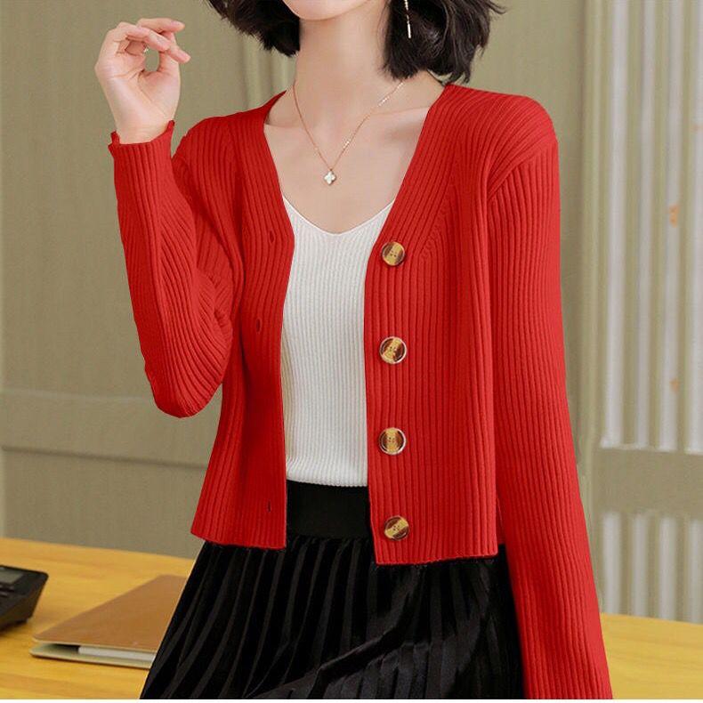Spring Autumn Women's Short Cardigan Casual Solid Color Slim-fit Knitted Cardigan V-neck Long-sleeve Knitted Top