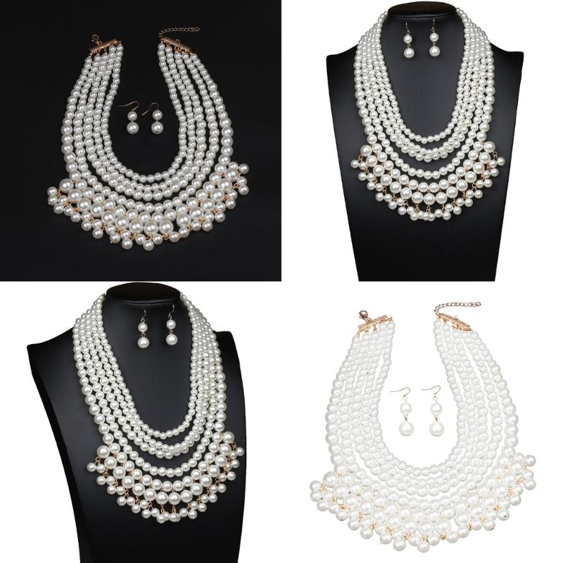 Simulated Pearls Necklace with Earrings Set Exaggerated Pearls Necklaces Present for Women Suitable for Any Occasion