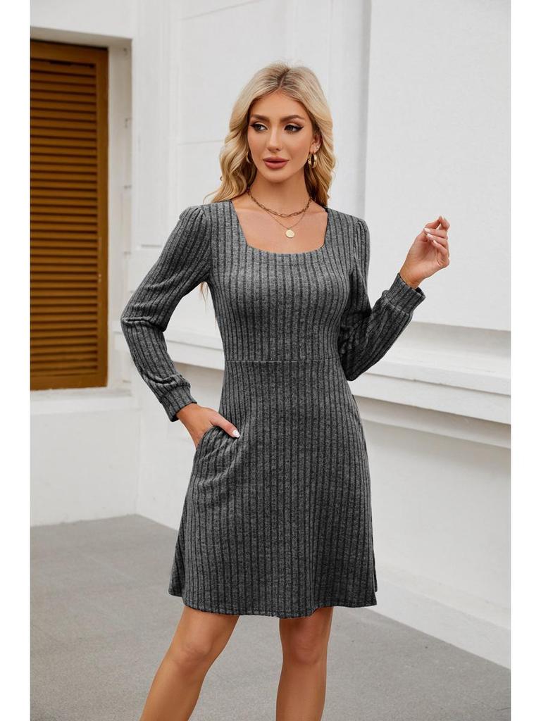 2025 Women's Square Neck Pocket Knit Sweater Dress - Long Sleeve Casual Fashion