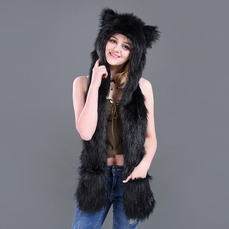 Cartoon Plush Hat Scarf Glove Set - Cute Faux Fur Cap