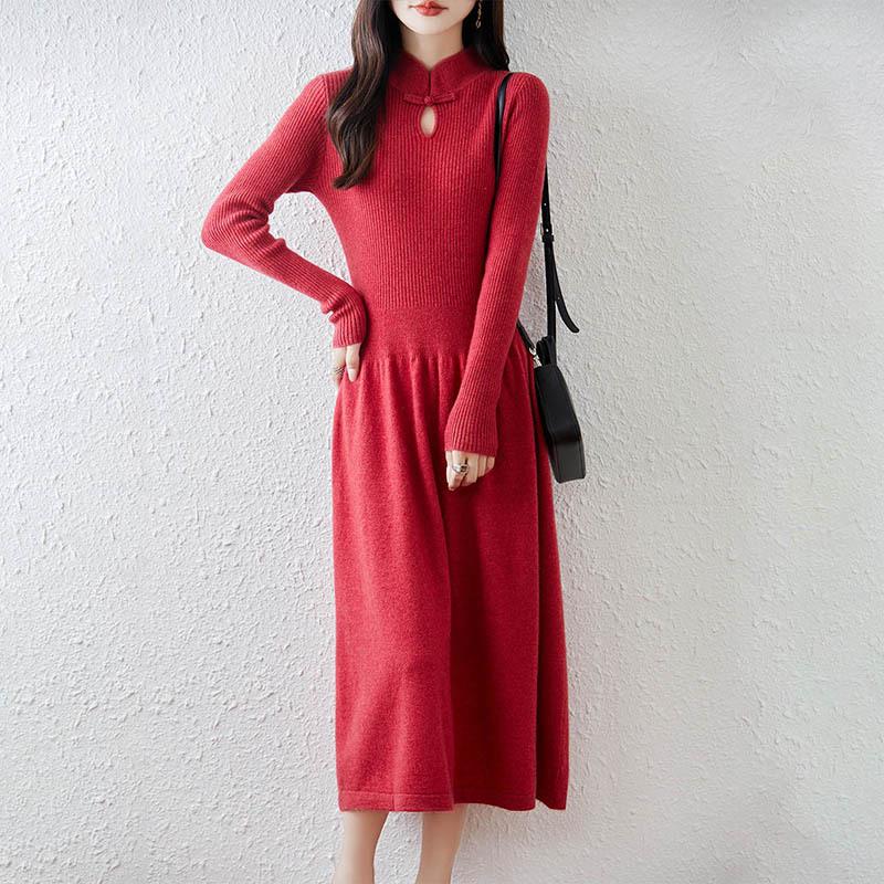 Retro Chinese Stand Collar A-Line Wool Knit Dress, Knee-Length Loose Fit for Autumn/Winter