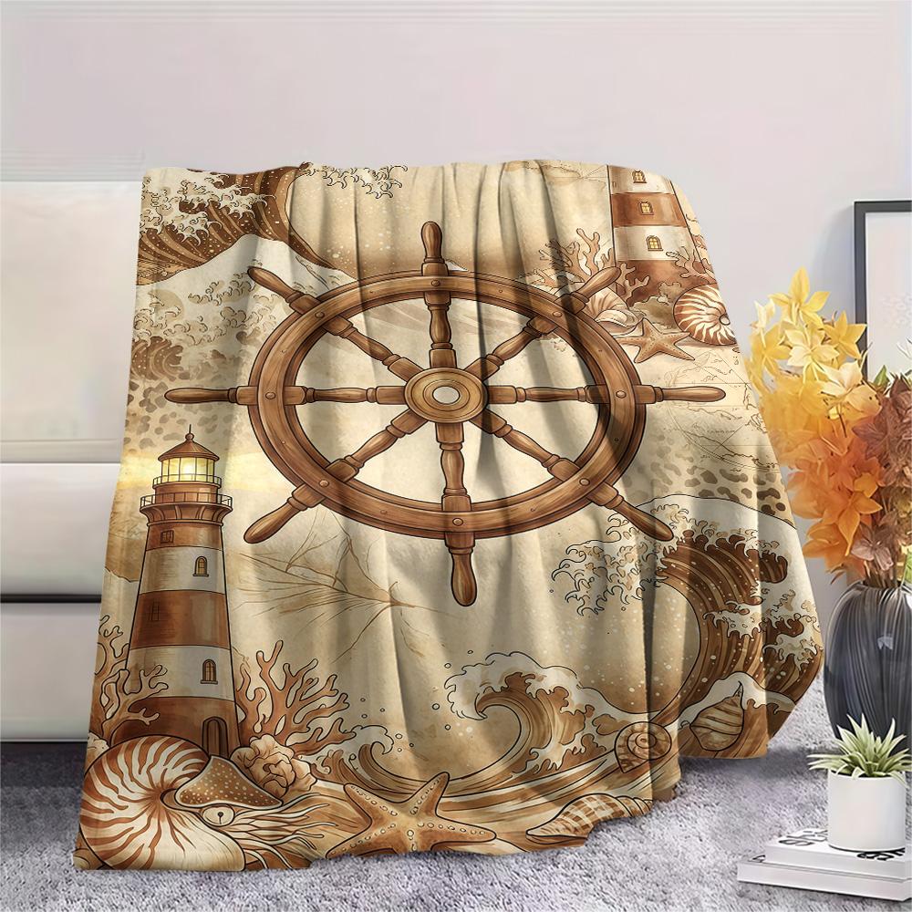 1PC Ships and Lighthouses Print FlAannel Blanket, High Quality Comfortable for All Seasons, Home Decor, Warmth and Comfort