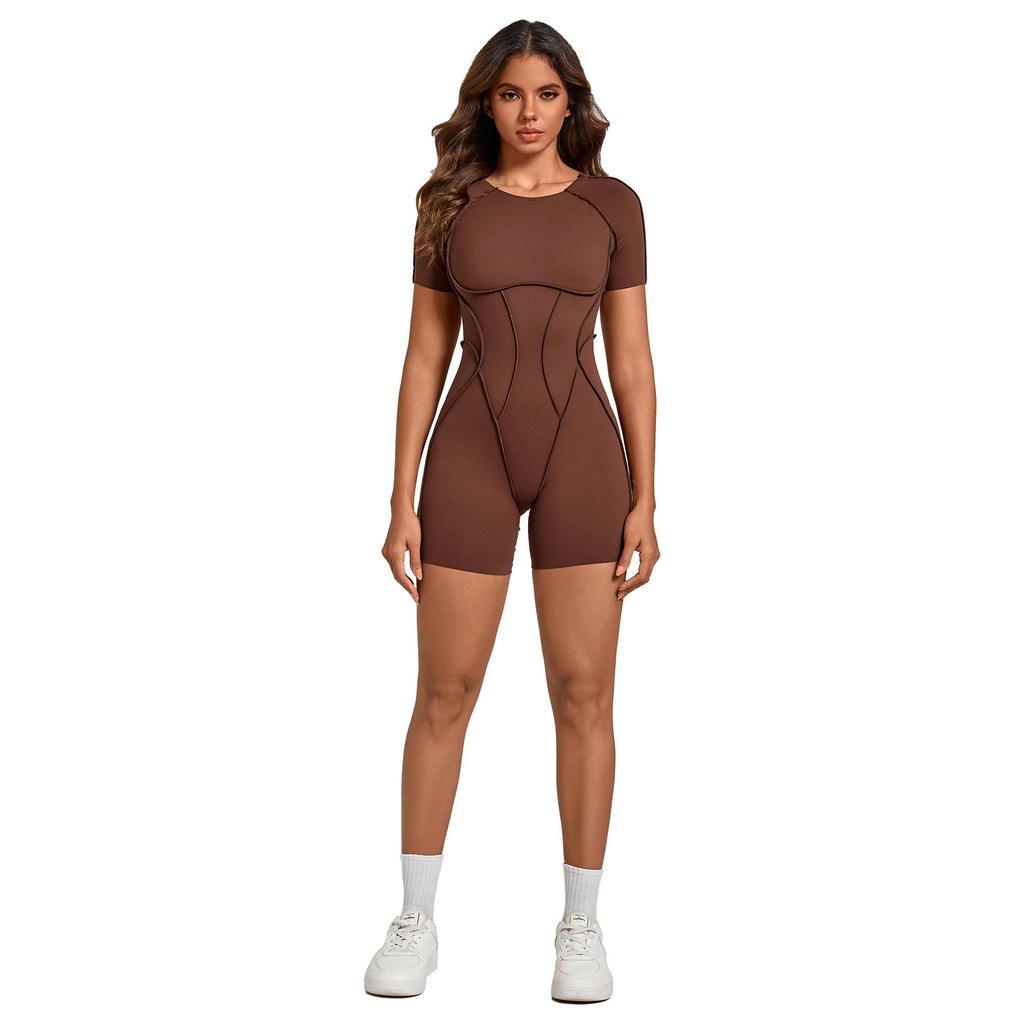 Europäischer & Amerikanischer 3D Ästhetischer Kurzarm Jumpsuit mit Offenem Rücken für Yoga und Fitness