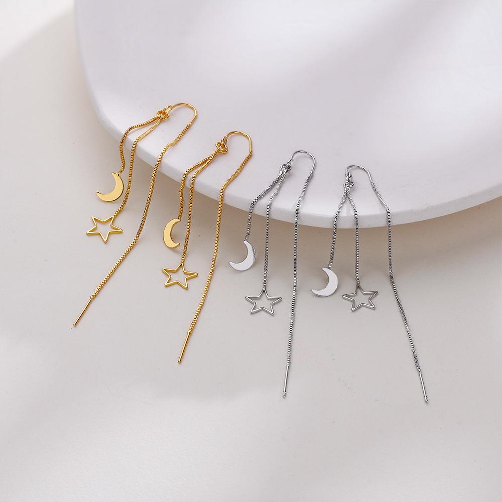 Cercei Stea Lună din Argint Sterling cu Ciucuri pentru Femei Simpli Lungi Decupați Cercei cu Temperament Accesorii de Modă