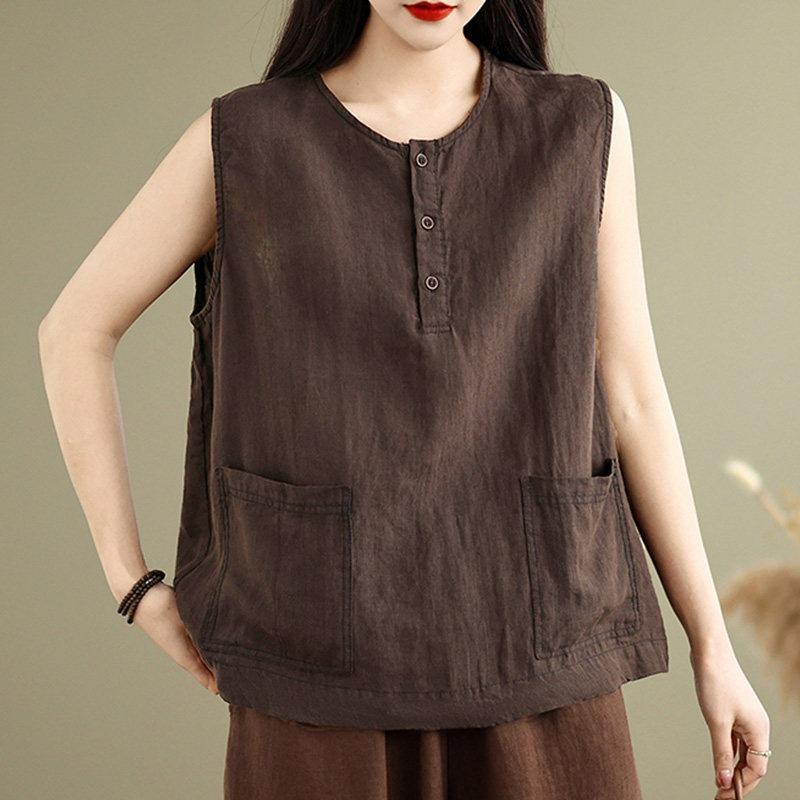 Women Vintage Cotton Linen Sleeveless Vest Button Design Loose Fit All Match Art Style Summer New Casual Tank Top