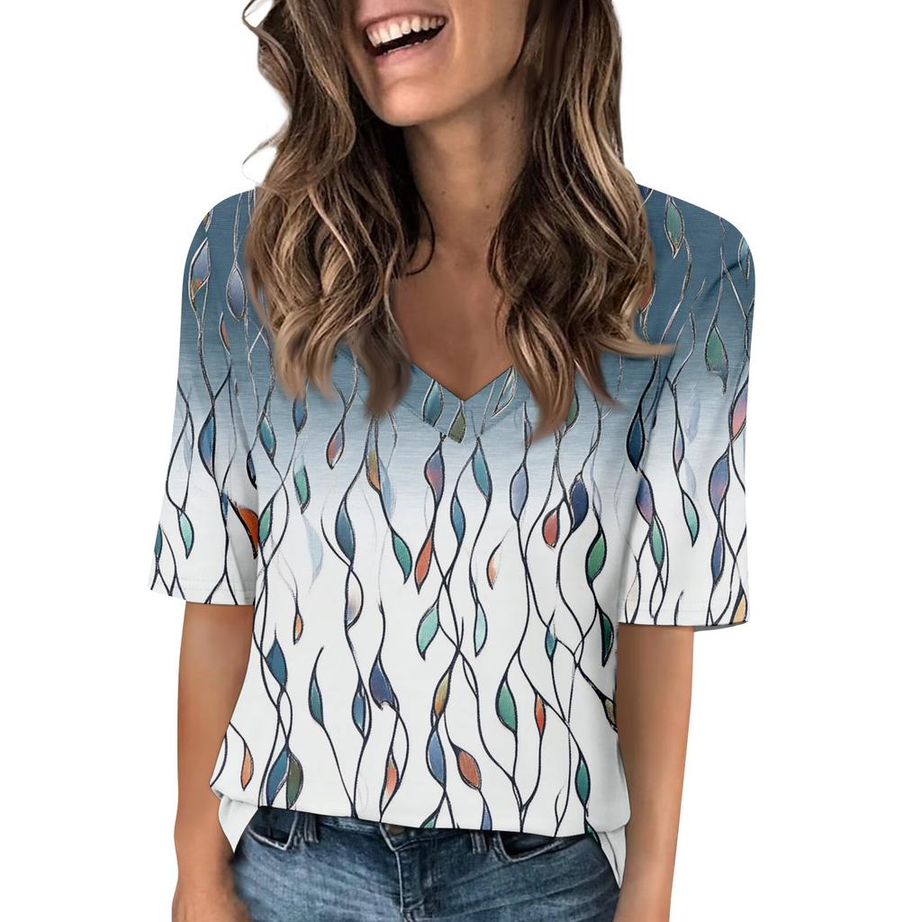Women's V Neck T Shirts Half Sleeve Tops Printed Casual Summer Tees T Shirt Blouse