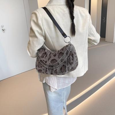 Autumn and Winter New Personalized Leopard Print Plush Contrasting Women's Tote Bag Exquisite Versatile Chain Shoulder Messenger Bag
