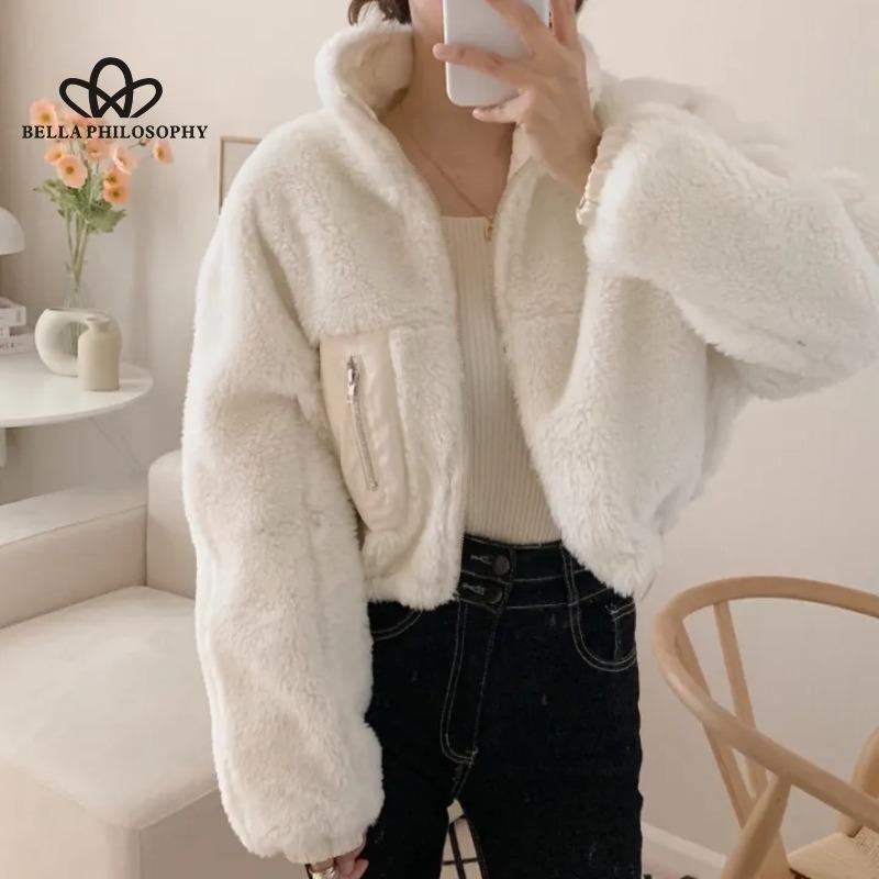 

Корейский стиль, осень-зима, простое модное утолщенное пальто из овечьего флиса, повседневное теплое короткое пальто из овечьей шерсти onesize белый