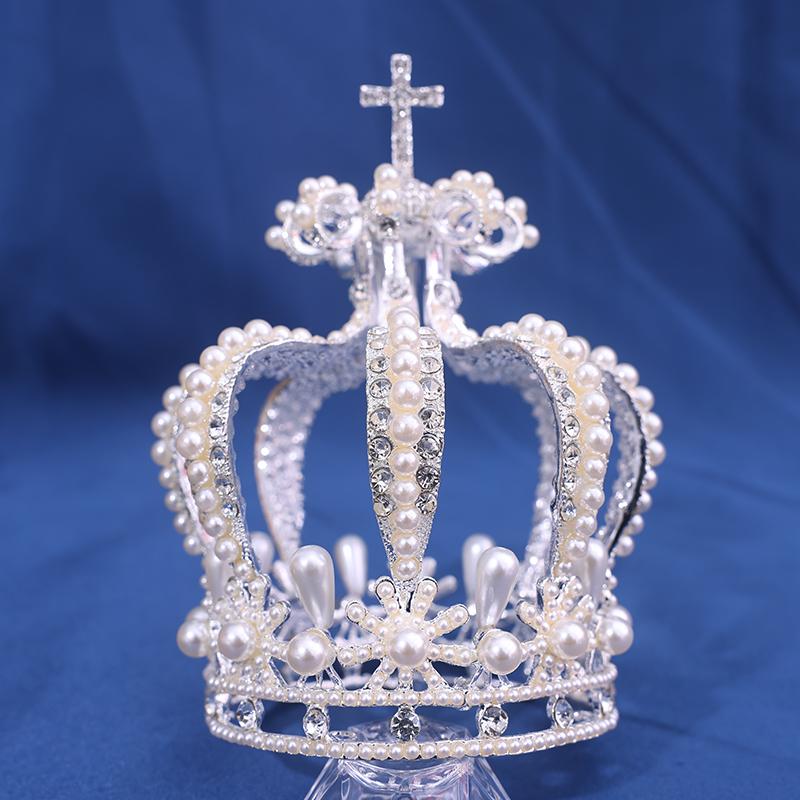 Perleglass Rhinestone Garden Krone Brude Europeisk Prinsesse Tiara Rund Barokk Pageant Kroner Krystall Full Krone Konge Tiara
