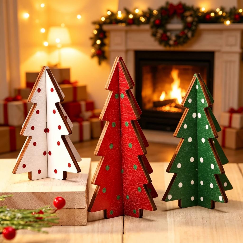 3pcs Wooden Christmas Tree Tabletop Decor Polka Dot Mini Christmas Tree Figurines Christmas Centerpieces for Home Office Desk