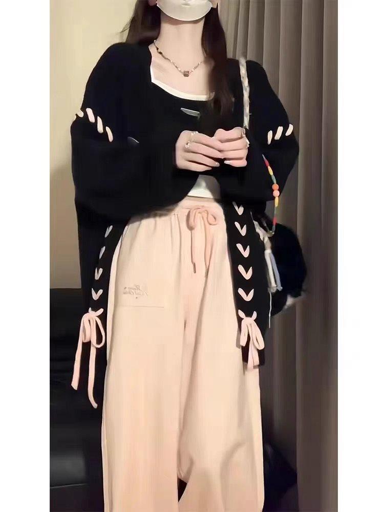 

Ретро кардиган большого размера из мягкого трикотажа с кружевной шнуровкой для женщин чёрный