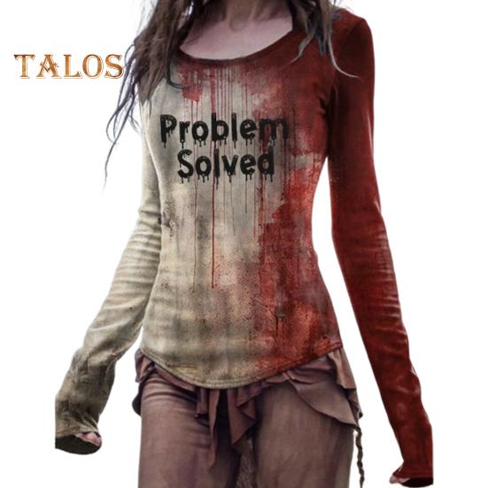 Halloween T-skjorte for kvinner med rund hals og langermet skrekkskjorte Blodtrykt sweatshirt Halloween Lettvekt Slim Fit Sport Topper