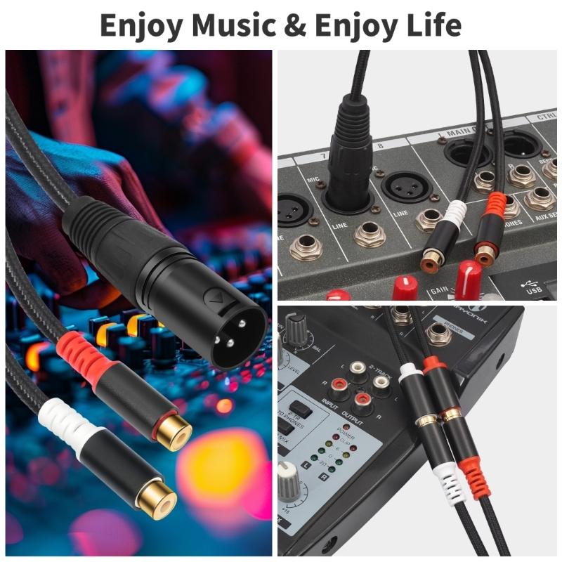 2RCA Female to XLR Male Converter Cable Professional Sound Connector 30cm Length Nylon Texture for Speaker