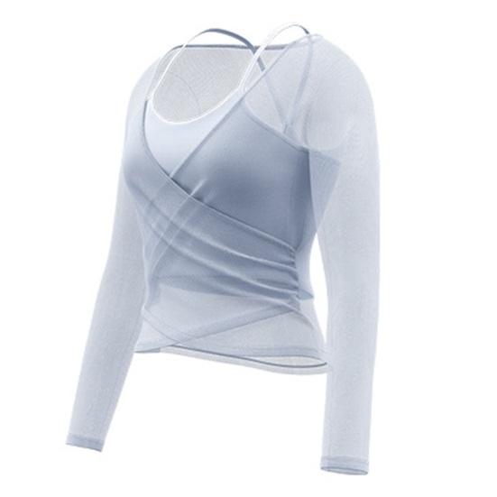 Long Sleeve Yoga Two-Piece Set for Women Mesh Gym Athletic Tops Workout Shirts with Support Sports Bra