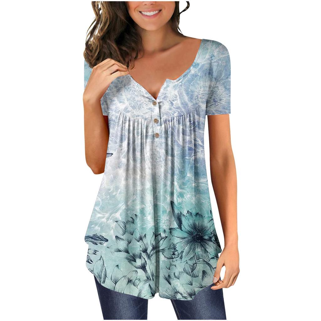 Tunica a maniche corte da donna T-shirt larghe T-shirt casual taglie forti Tunica a pieghe Bottoni T-shirt floreali estive casual per le donne
