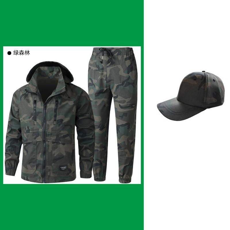 Mens Outdoor Hiking Suit With Raglan Sleeves Detachable Hood Large Pockets Zippered Leg Camo Workwear