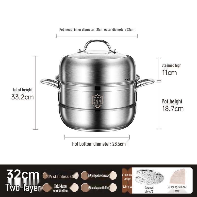 Three-Layer Multi-Functional 304 Stainless Steel Steamer Pot with Large Capacity for Steaming and Boiling