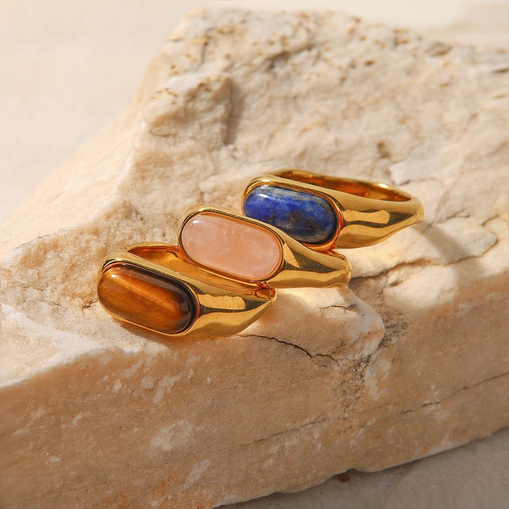 Trendy Women's Stainless Steel Ring Stylish Geometric Shape With Natural Stone Inlay