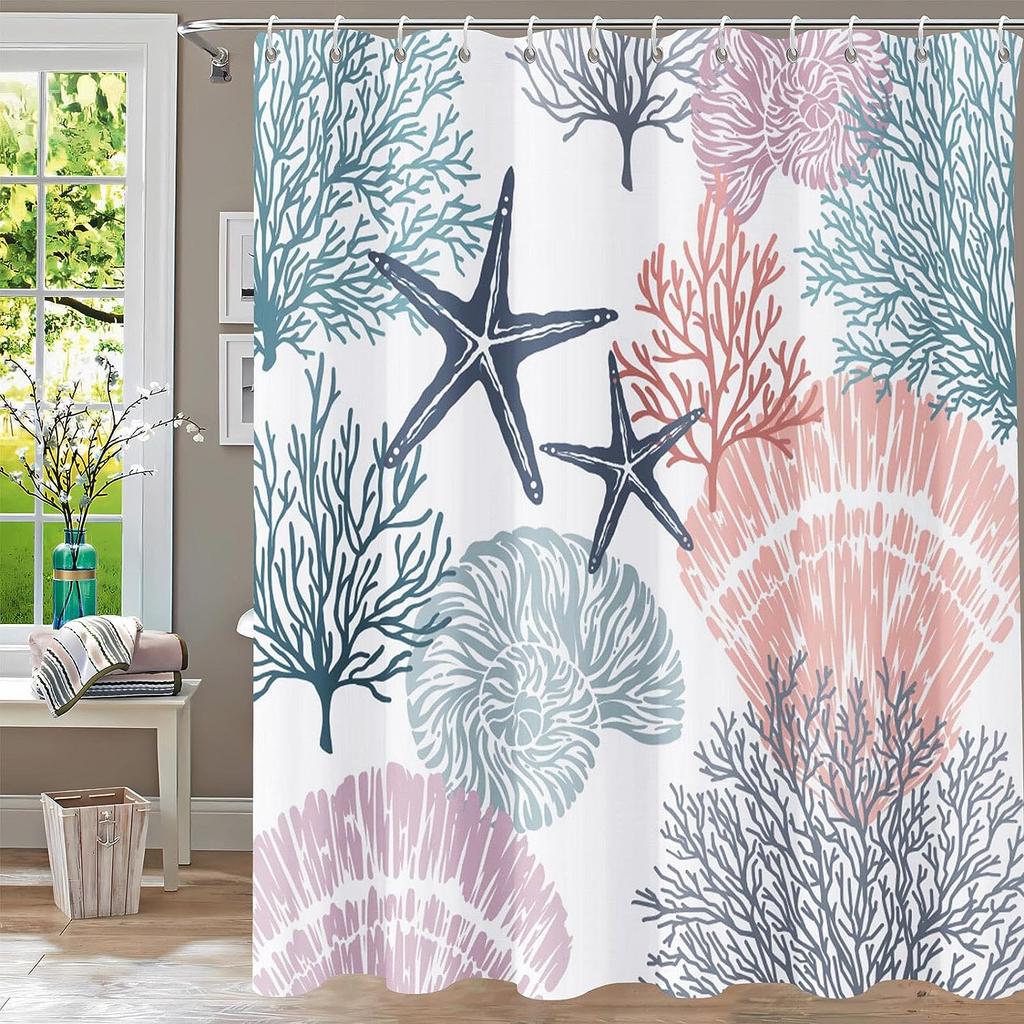 Nautical Coastal Shower Curtain Starfish Seashell Coral Ocean Beach Themed Bath Curtains Fabric Bathroom Decor with Hooks