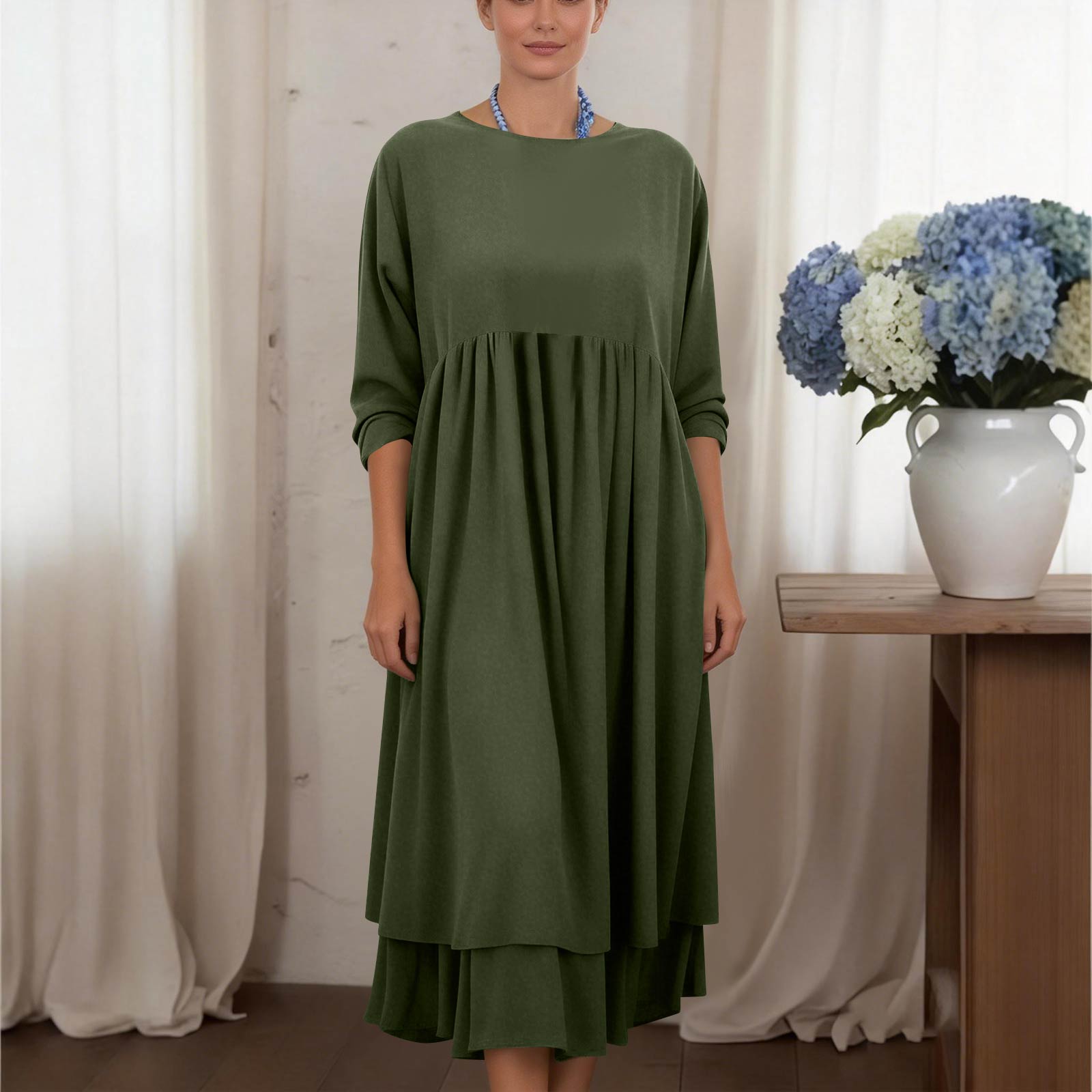 

Women s Fashion Casual Loose Fit Double Layer Hem Long Dress S зелений