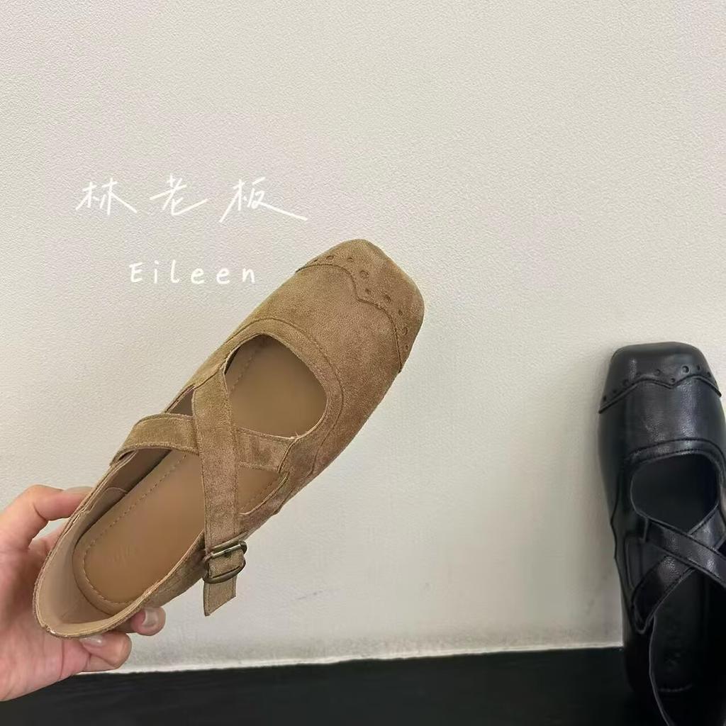 Sheepskin version~ Simple leather woven hollow commuting summer shallow mouth single shoes women's word with low heel commuting sandals