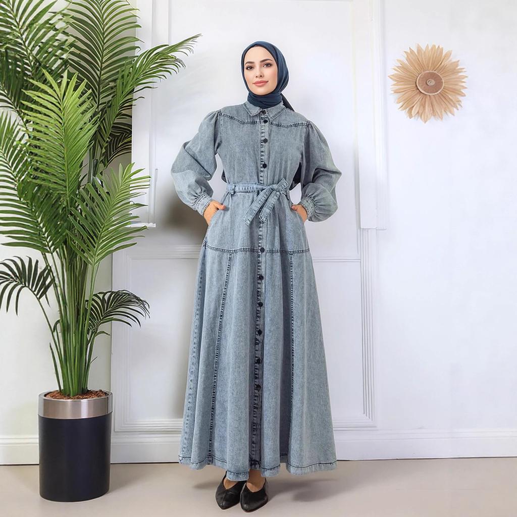 Turkish Women's Denim Dress: Casual Loose Fit Lantern Sleeve Patchwork