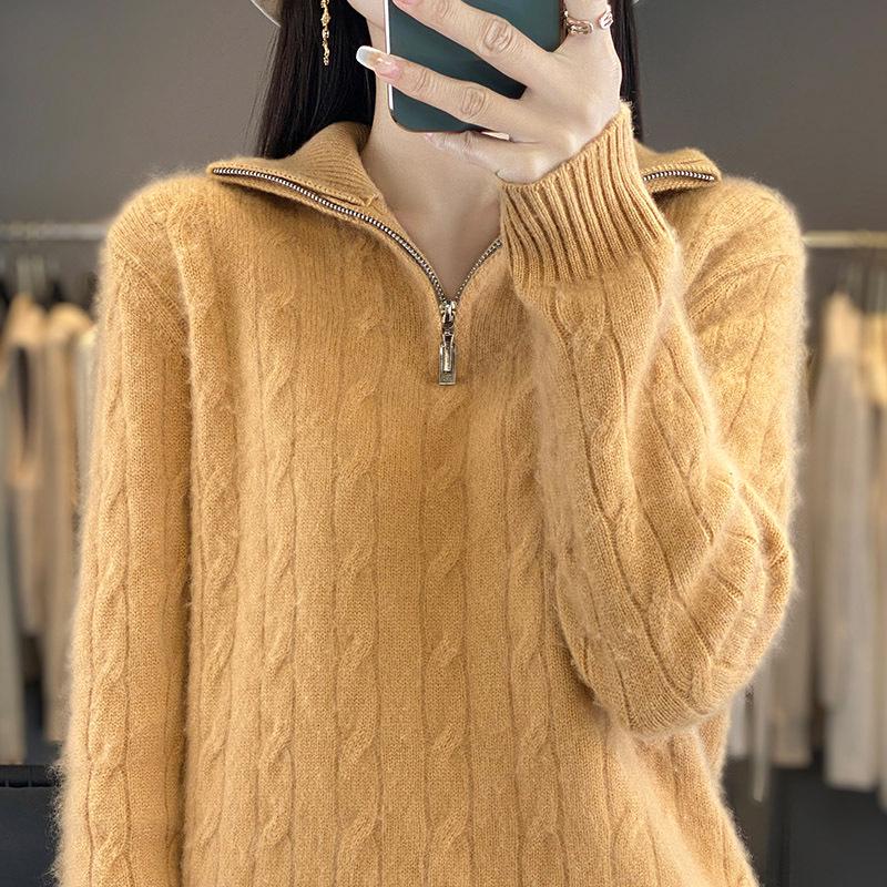 Women's Autumn/Winter High-Neck Wool Cable Knit Cashmere Sweater, Slimming Loose Fit, Soft Half-Zip Pullover