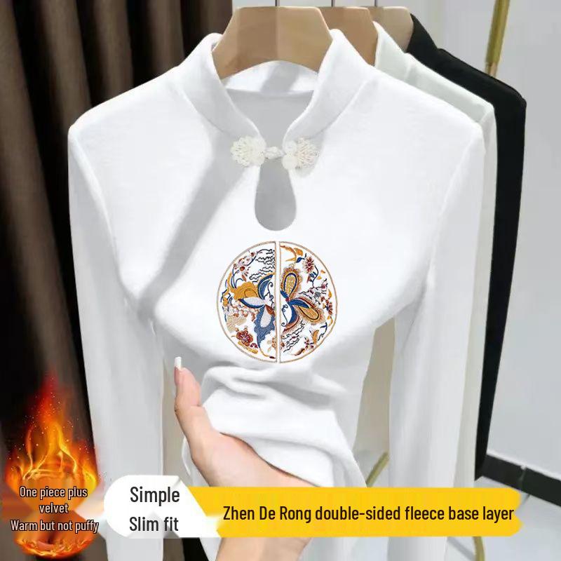 

Women s Autumn Winter Frog Button Stand Collar Long Sleeve T-shirt with Water Drop Collar and Print Design M (80-100 lbs) белый