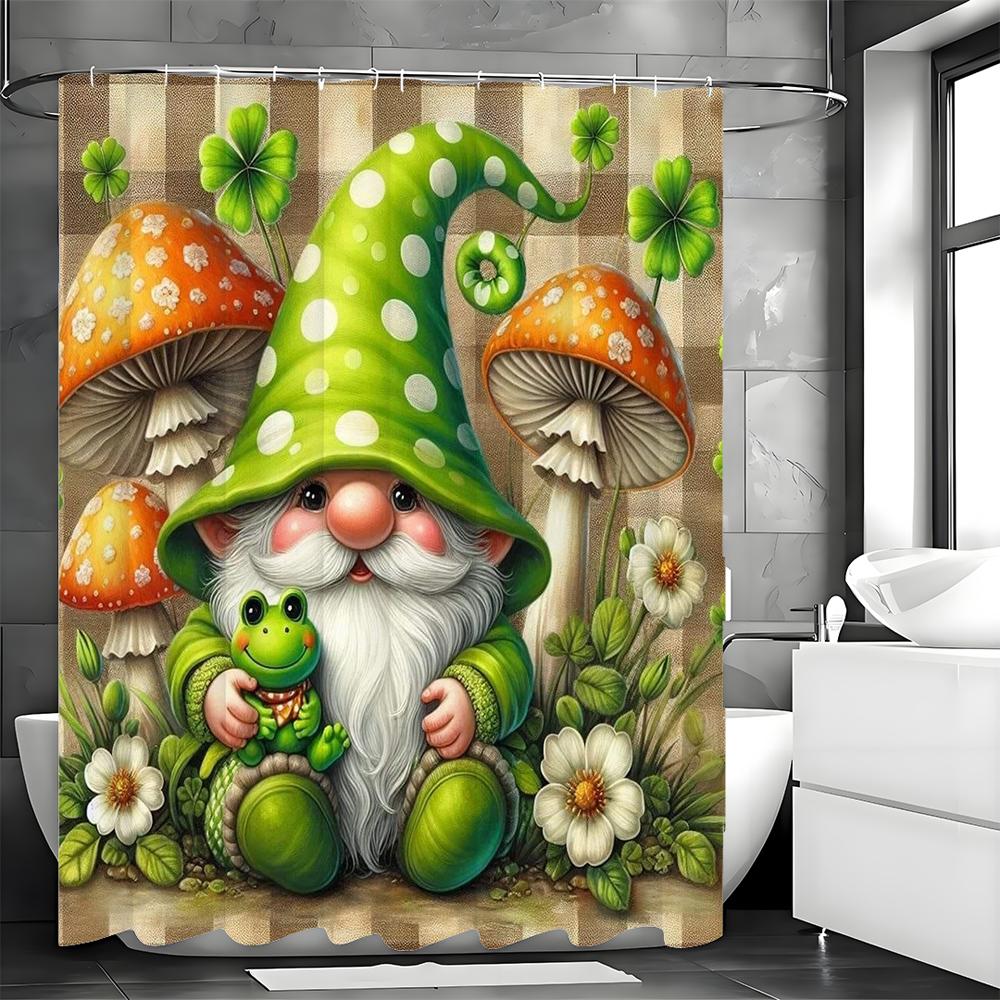 Green Cure Dwarf Frog Mushroom Floral Shower Curtain, Bathroom Decorative Shower Curtain, Waterproof Shower Curtain with Hooks