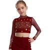 Dívčí průhledný síťovaný crop top s dlouhým rukávem a rolákem, lesklé kamínky, klíčová dírka vzadu, kostým pro lyrický tanec