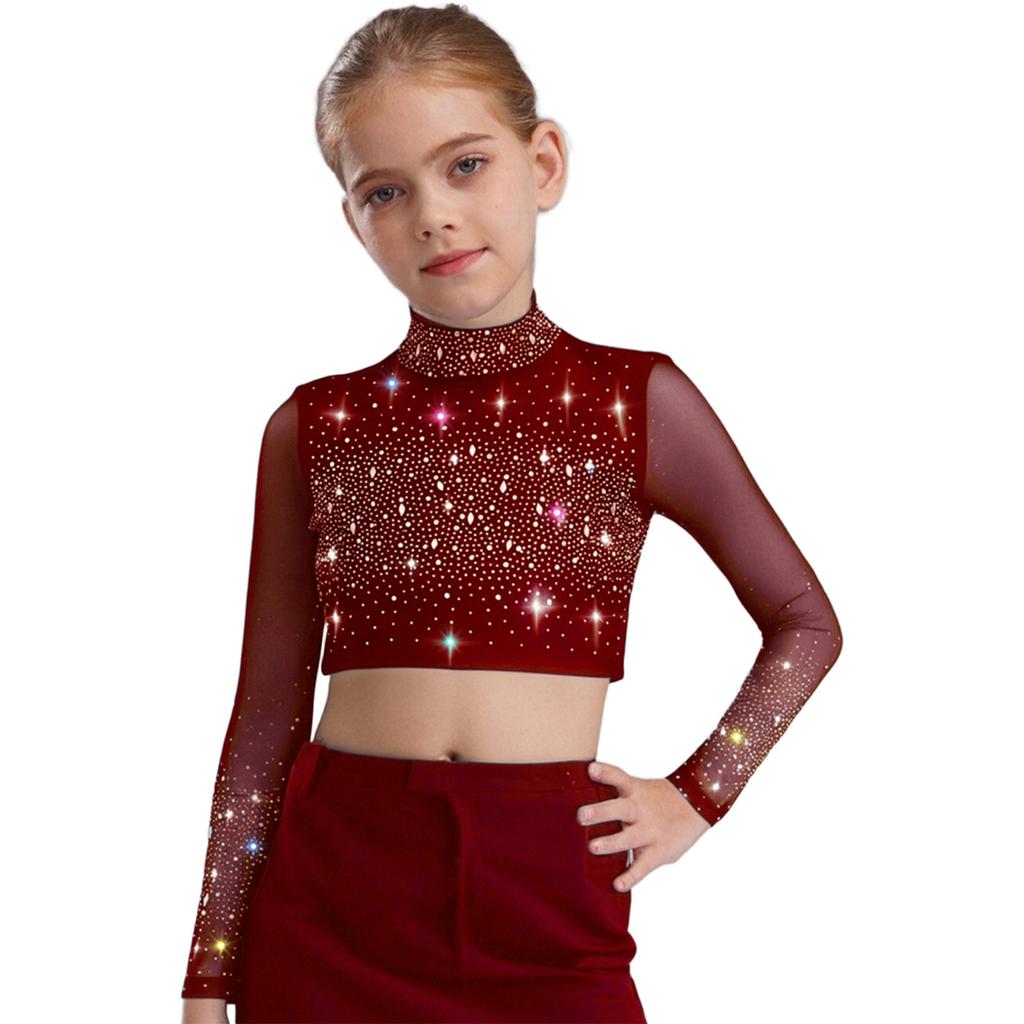 Dívčí průhledný síťovaný crop top s dlouhým rukávem a rolákem, lesklé kamínky, klíčová dírka vzadu, kostým pro lyrický tanec