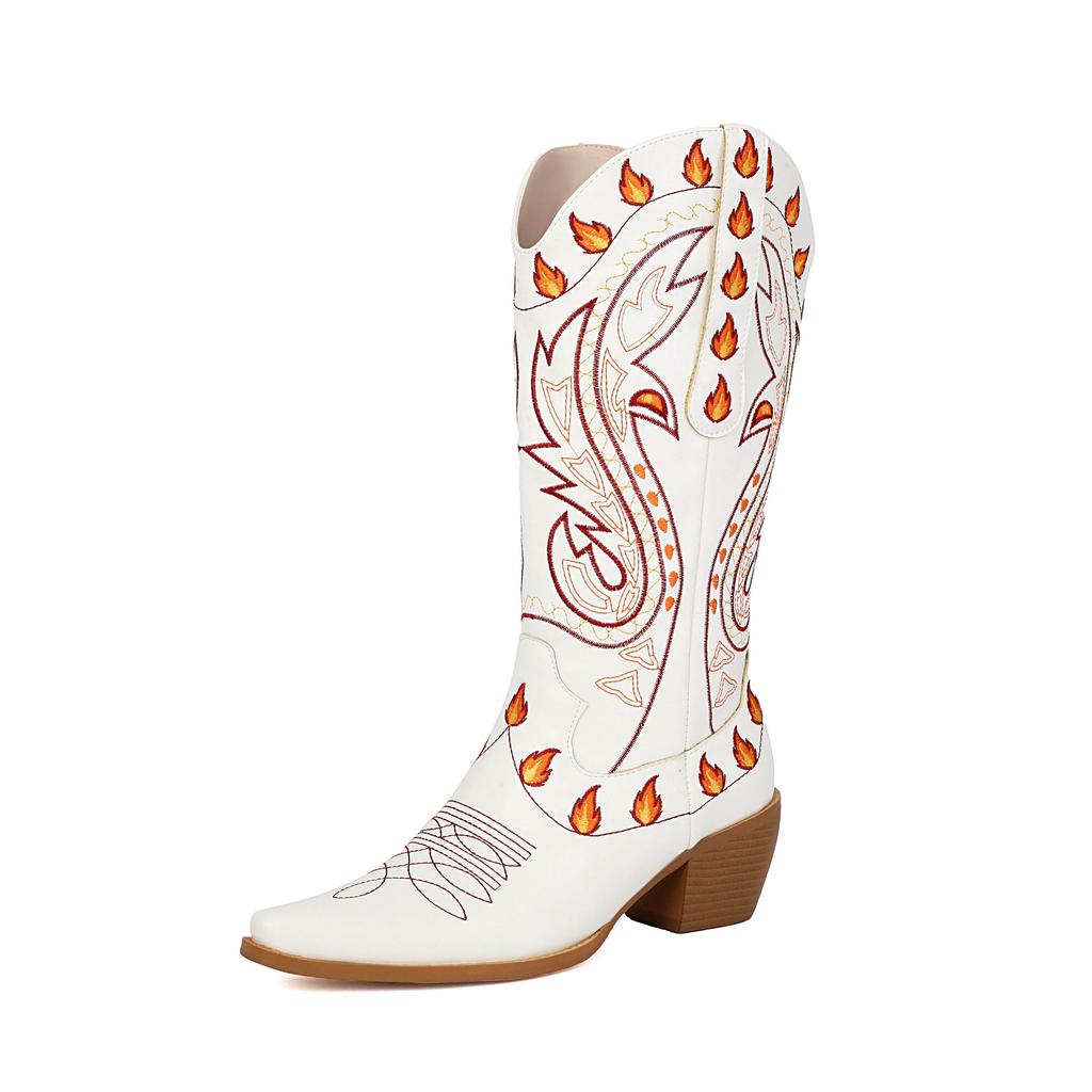 Krazing Po Polyurethane Winter Pointed Toe Western Boots Size 43 Sewing Embroidery Thick Heels Mid-calf Boots