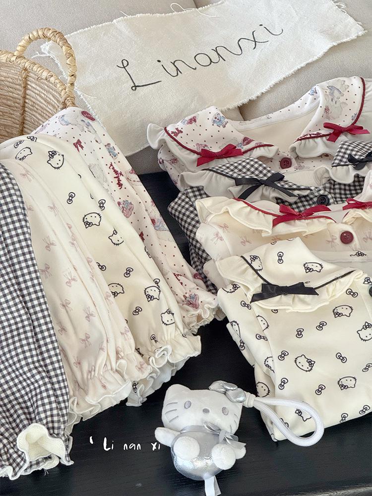 Girls' Autumn/Winter 2025 Fleece Pajama Set: Warm, Korean Style Bow Design for Small To Medium Children