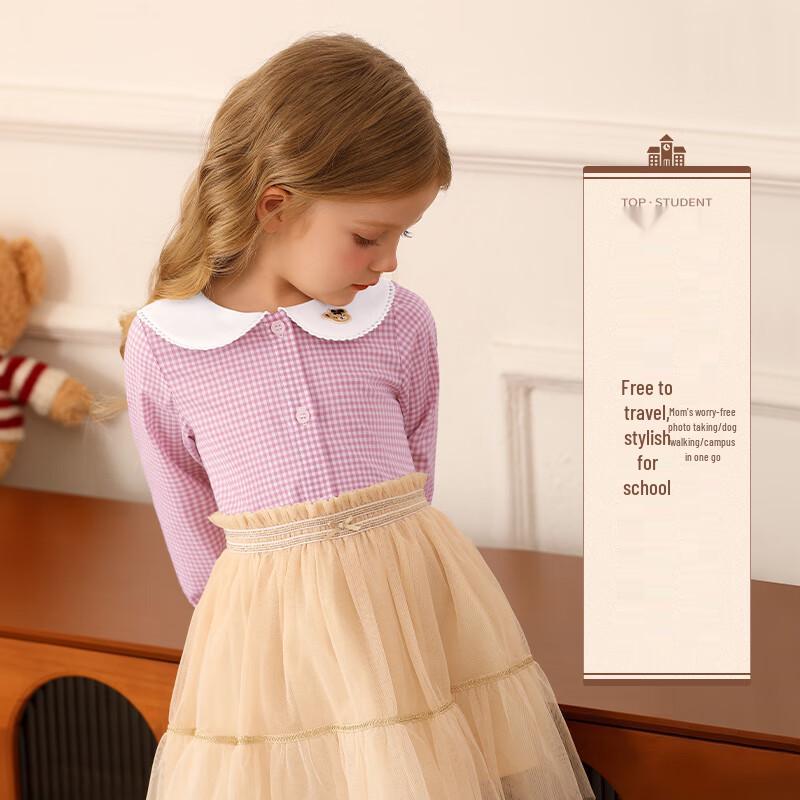 Classic Teddy Girls' Long-Sleeve Plaid Blouse with Peter Pan Collar