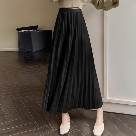 Dame Plisséskjørt Elastisk Høy Midje Ensfarget Midi-skjørt Mykt Pustende Kontordame Slankende Skjørt Hverdagsklær