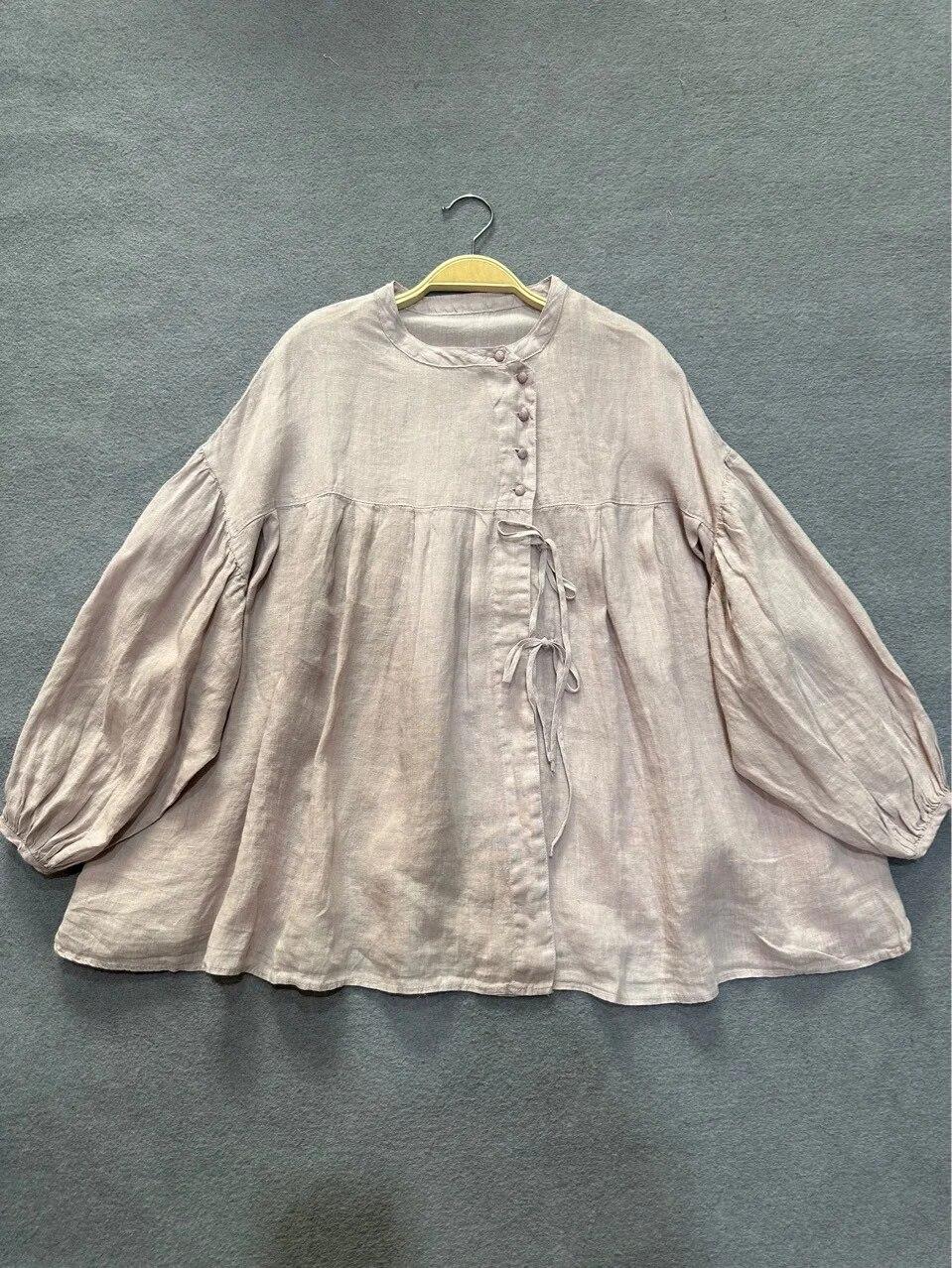 

Johnature весна-осень винтажная литературная косая рубашка на шнуровке свободные топы простые однотонные женские рубашки One Size светло-фиолетовый