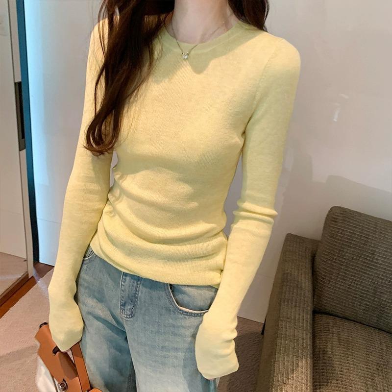 Mint Green Knitted Bottoming Shirt Early Spring New Slim-fitting Thin Slightly Transparent Sweet and Spicy Long-sleeved Women's Top