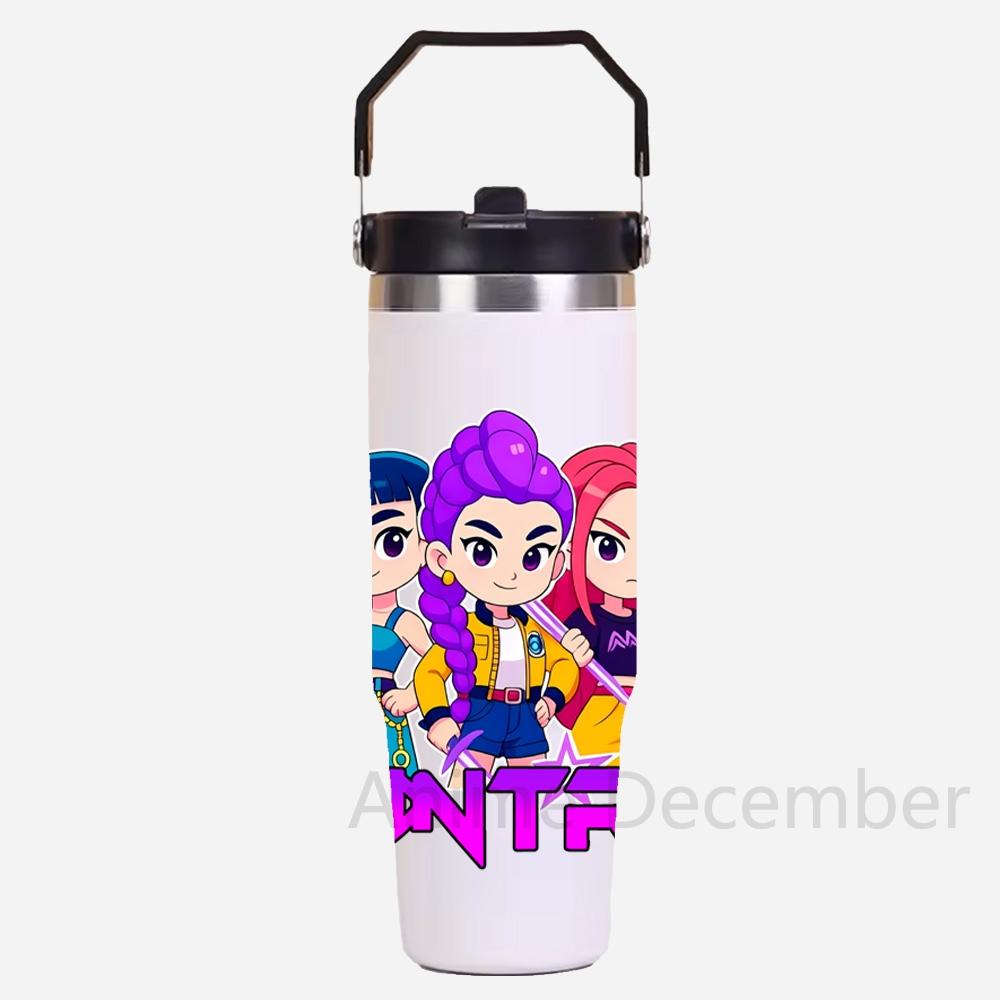 30Oz Anime K-Pop Large Capacity Portable Car Cup Stainless Steel Thermos Cup with Straw Handle Travel Sports Water Bottle Vacuum Flask