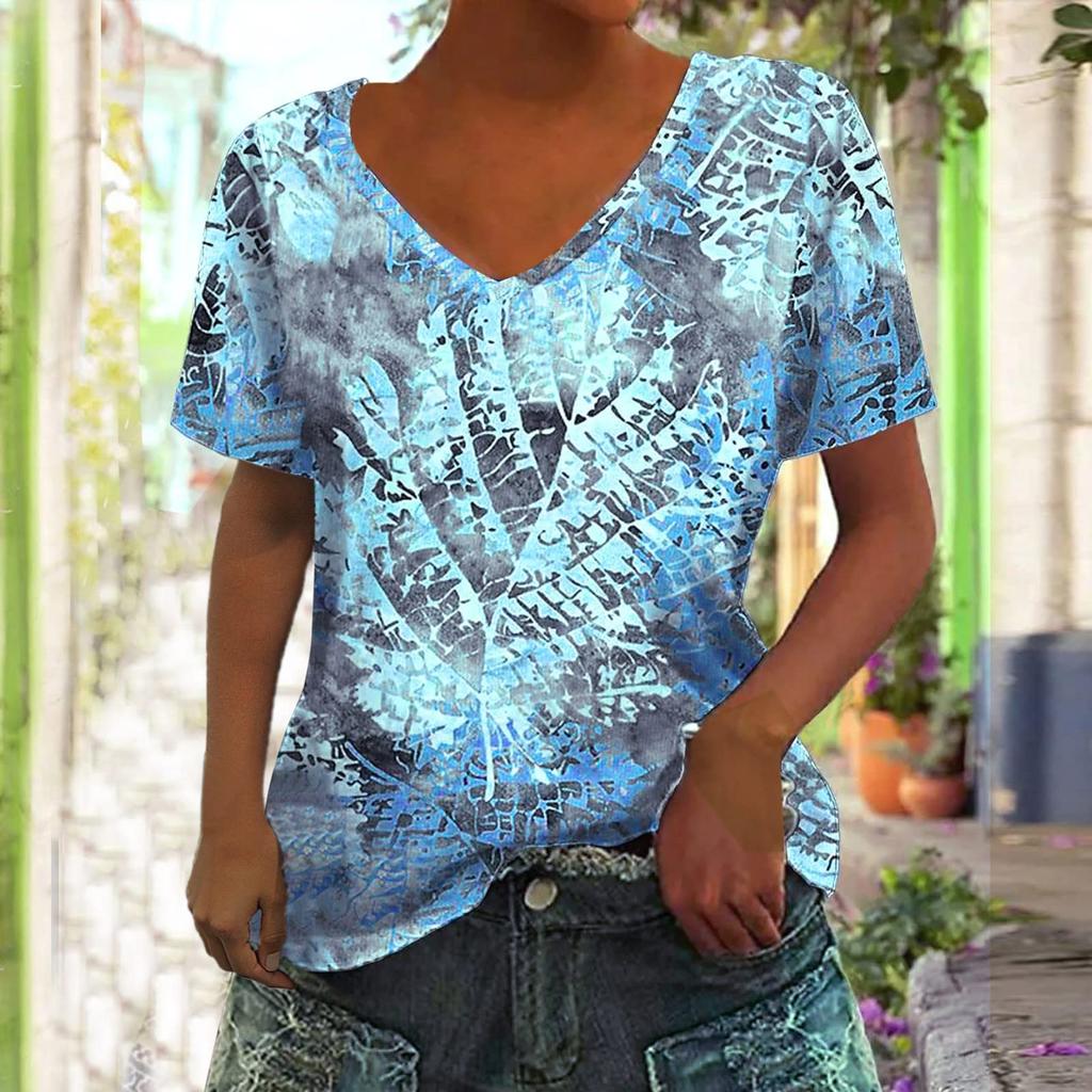 Summer New Women's T-shirt 3D Leaf Printing V-neck Short Sleeve Shirt Fashion Women's T-shirt Clothing Y2k Women's T-shirt