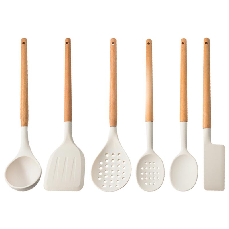 White Silicone Wooden Handle Soup Spoon Spatula Brush Scraper Pasta Egg Beater Non-stick Kitchen Cooking Tools Kitchenware