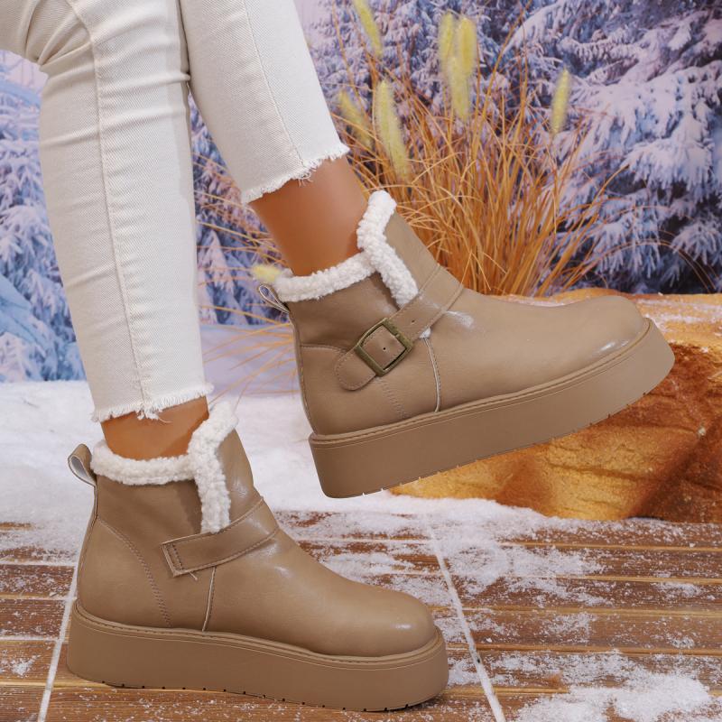 Thick Bottom Waterproof Pu Snow Boots Women 2025 Winter Metal Buckle Chunky Platform Furry Ankle Boots Warm Plush Casual Shoes