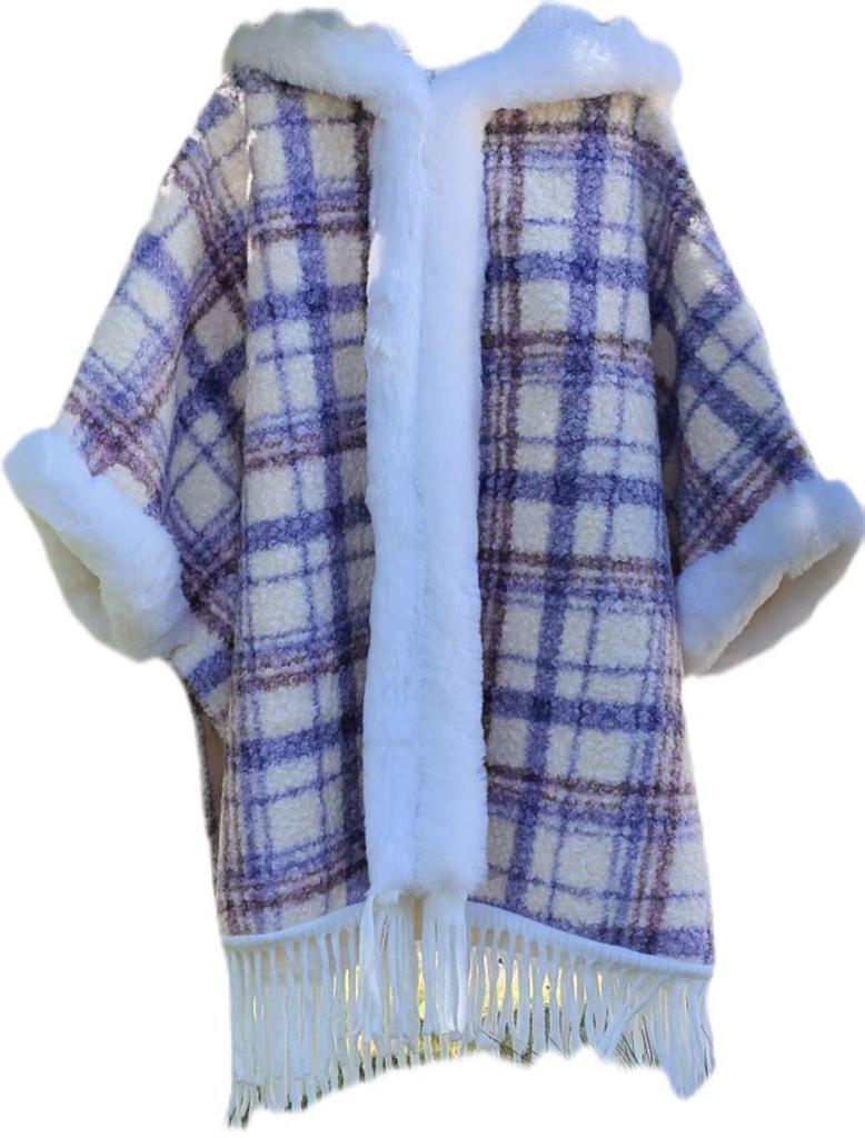 Women's Autumn/Winter Hooded Cape with Chinese Frog Button and Rabbit Fur Shawl, Plus Velvet Woolen Coat.