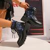 Spliced Block Heel Booties Winter New Round Toe Lace-up Platform Non-Slip Wear-Resistant Kitten Heels