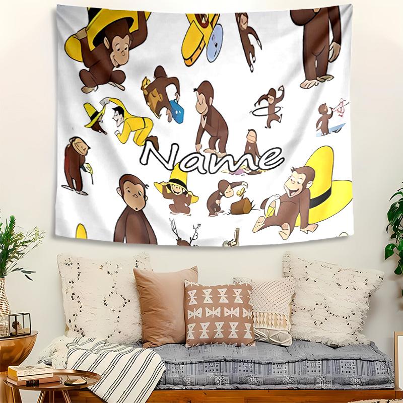 Personalized Curious George Background Tapestry,Custom Name Birthday Party,Multifunctional Wall Decoration for Home Decor,Various Occasions