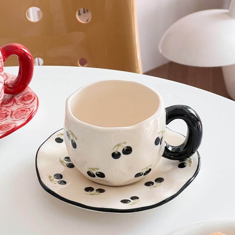 

Embossed Underglaze Color Hand-Painted Cherry Ceramic Coffee Cup And Saucer Set High Value Export Water Cup Afternoon Black Tea Cup 340ml