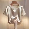 Damen T-Shirt Rundhals Satin Stoff T-Shirt mit Handgenähten Imitationsperlen Kurze Ärmel Lockerer Schnitt Lässige Oberteile