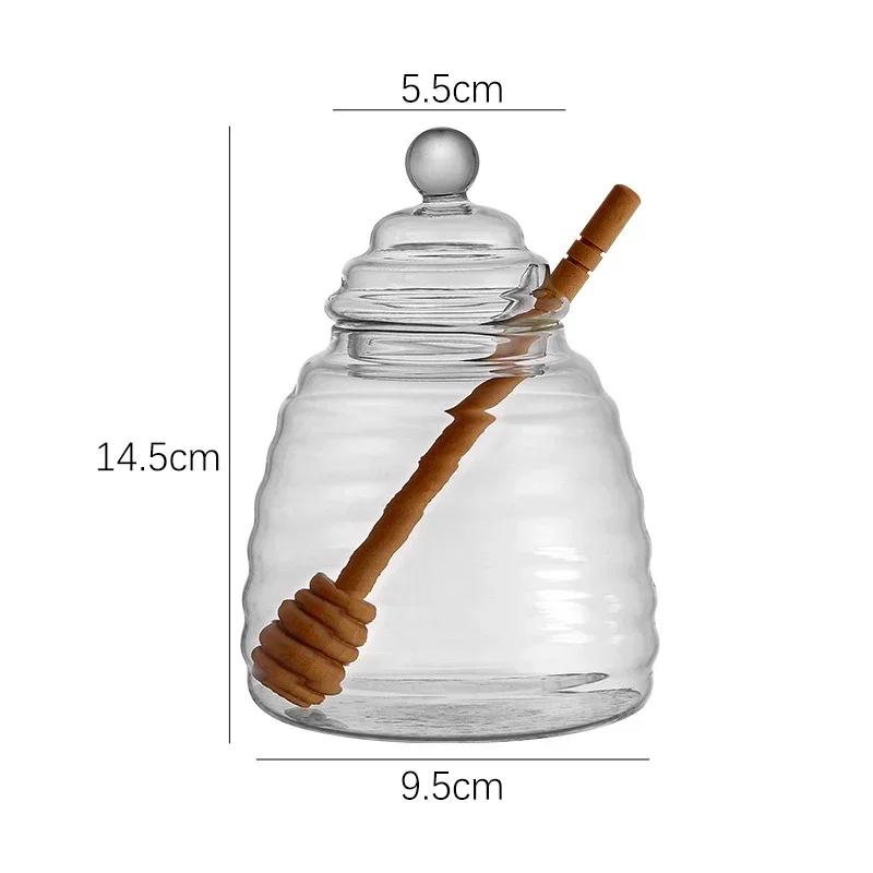 Glass Honey Jar with Lid Transparent Jam Striped Bottle Home Kitchen Storage Container Mixing Rod