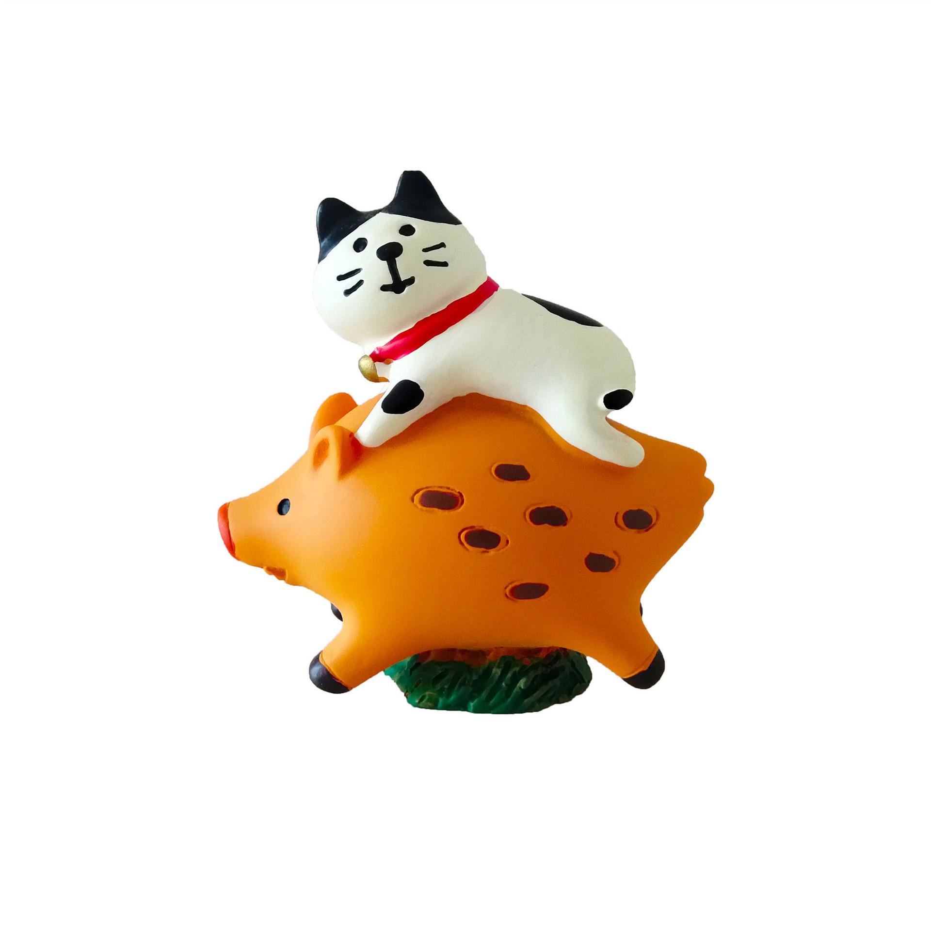 Japanese Zakka Year of the Pig Mascot: Cat Riding Pig Ornament - Creative New Year Blessing Decor