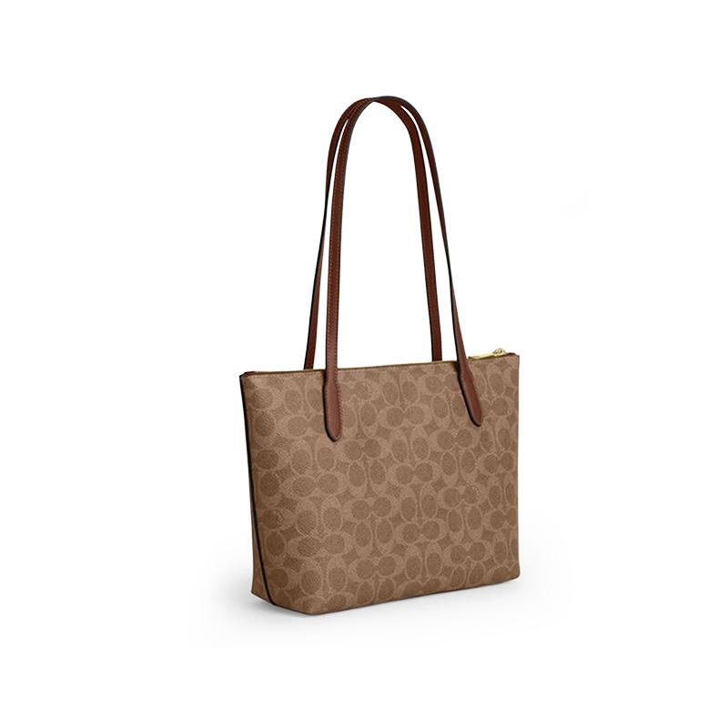 Coach Fiona 24 Brand Print Metal Logo Tote Bag Tote Bag Shopping Bag Handle Artificial Leather Shoulder Bag Medium Women's Dark Brown