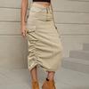 Denim Tooling Skirt Casual Mid-length Skirt Women's Side Ruched Drawstring High Waist Long Cargo Skirt with Flap Pockets